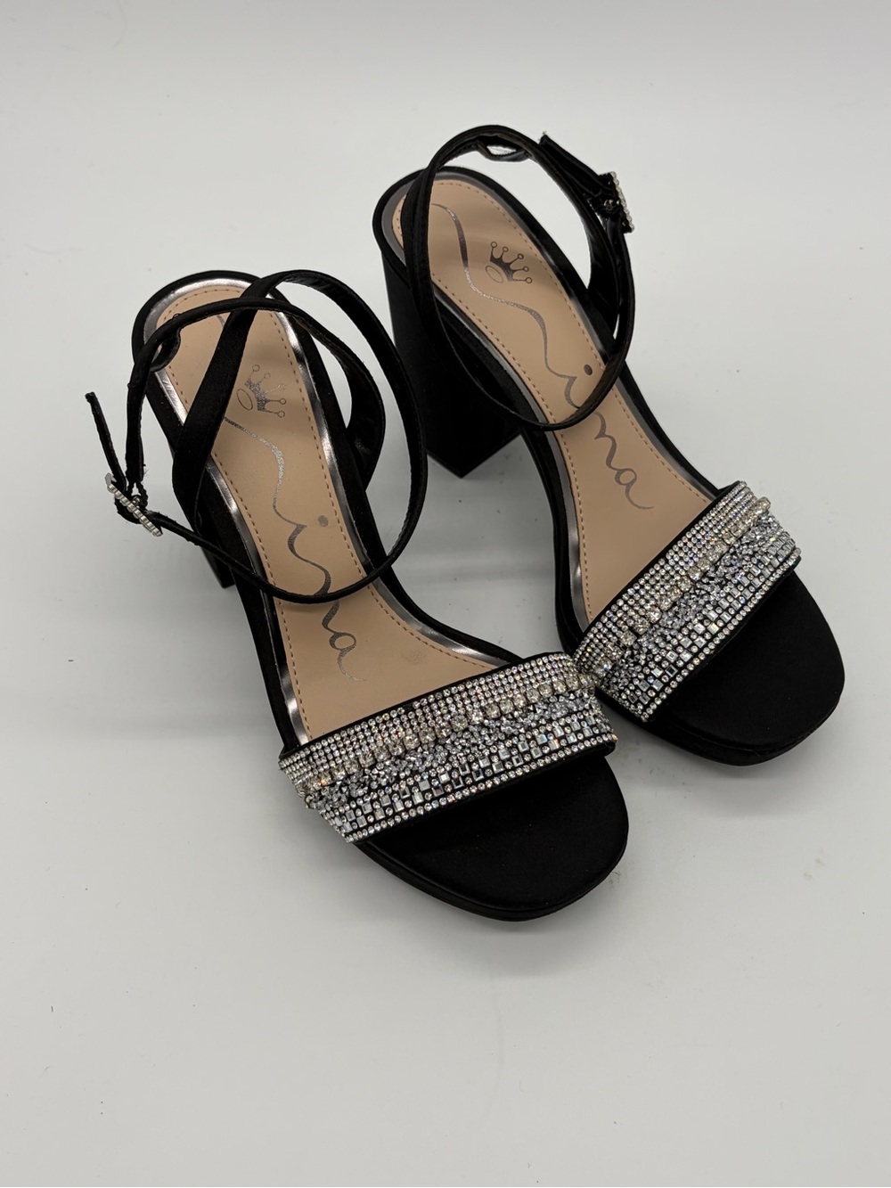 Nina Sofina Black Rhinestone Block Heel Sandals
